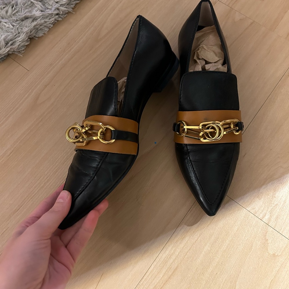Stuart Weitzman Black Loafers with Tan and Gold Detail